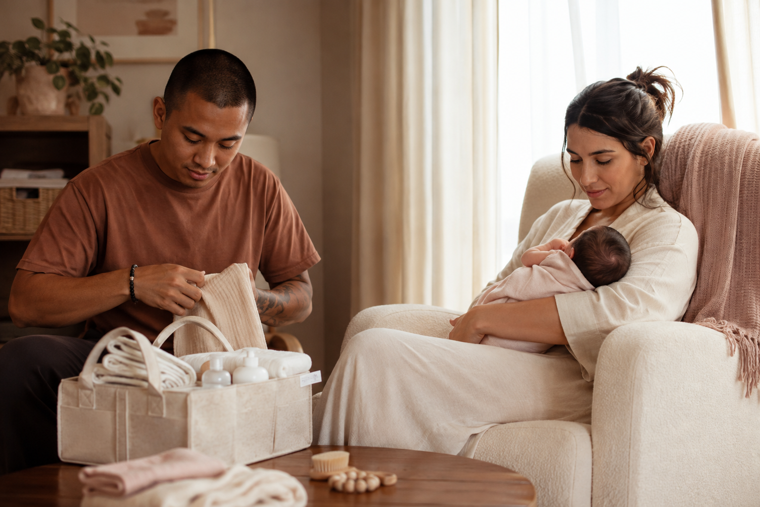 A partner folding baby clothes beside a mother holding her newborn in an armchair