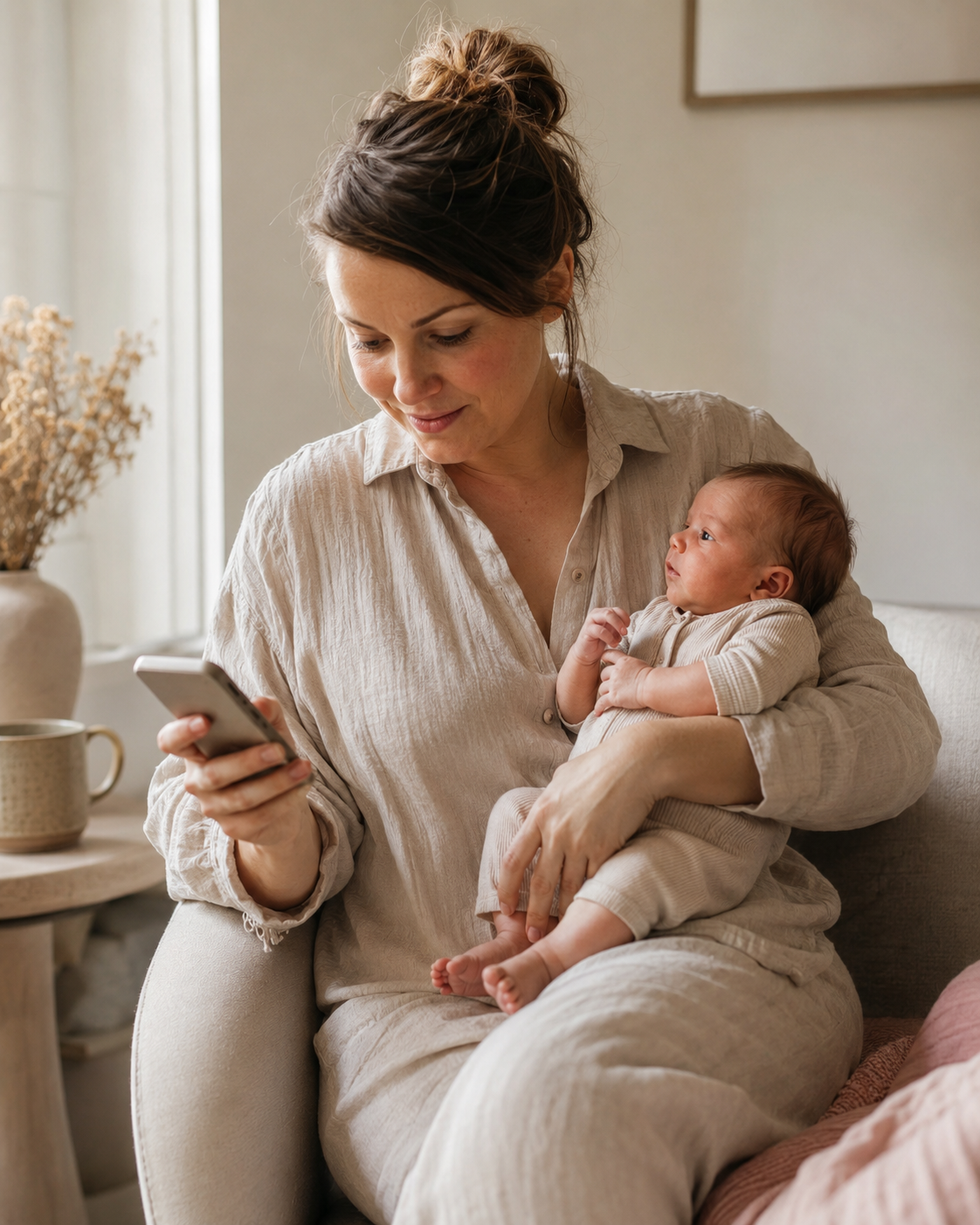 A mother holding her newborn in one arm while checking her phone with her free hand