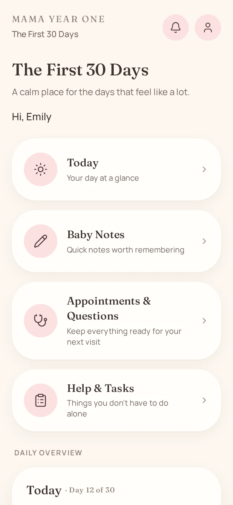 Today screen of The First 30 Days