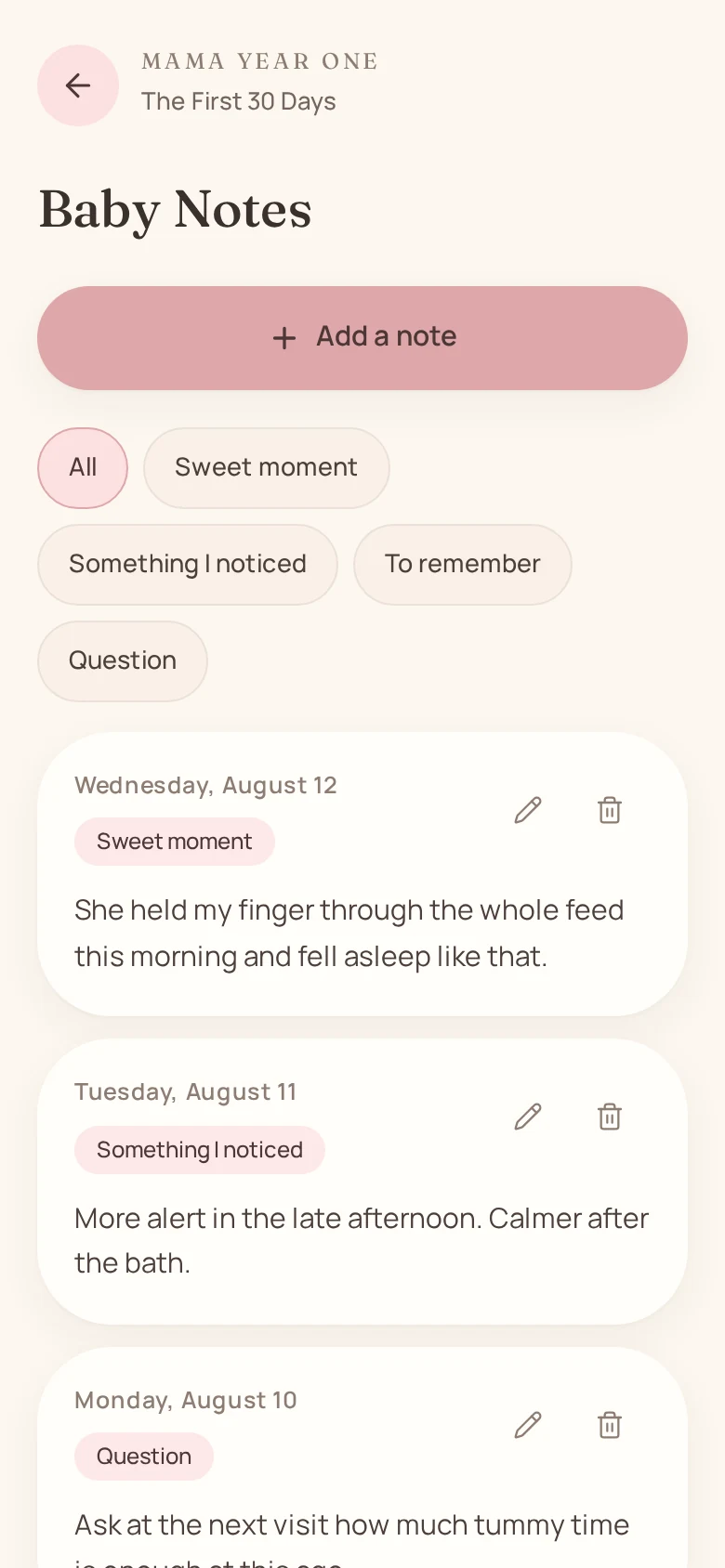 Baby Notes screen of The First 30 Days