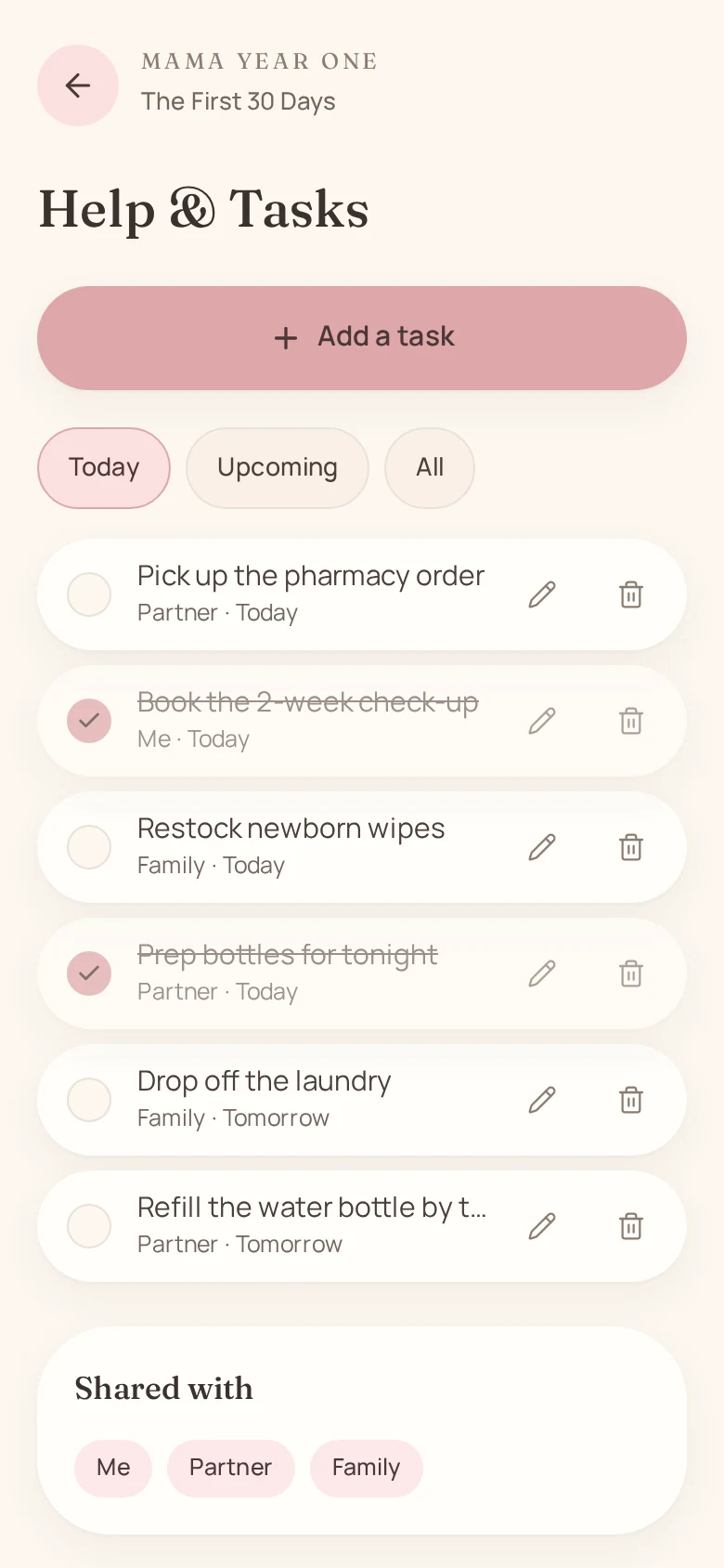 Help & Tasks screen with assignees for Me, Partner and Family